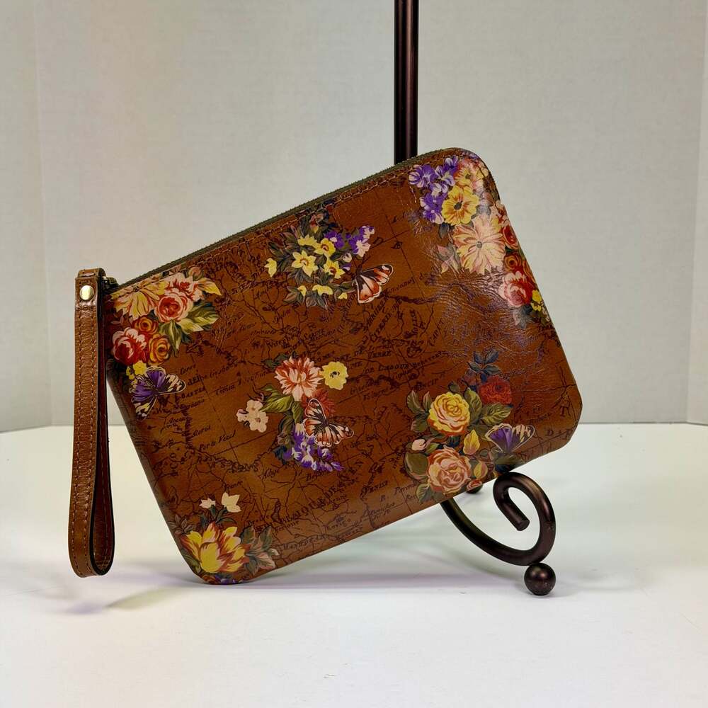 Patricia Nash Brown English Garden Map Leather Wristlet Clutch